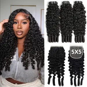 VIPbeauty 3C4A Burmese Curly Human Hair Bundles 3 Curly Bundles With Lace Closure(5*5 Free Part) Unprocessed Burmese Raw Hair Extension Real Human Hair 16A Natural Color Spiral Curly Human Hair Weft Extensions