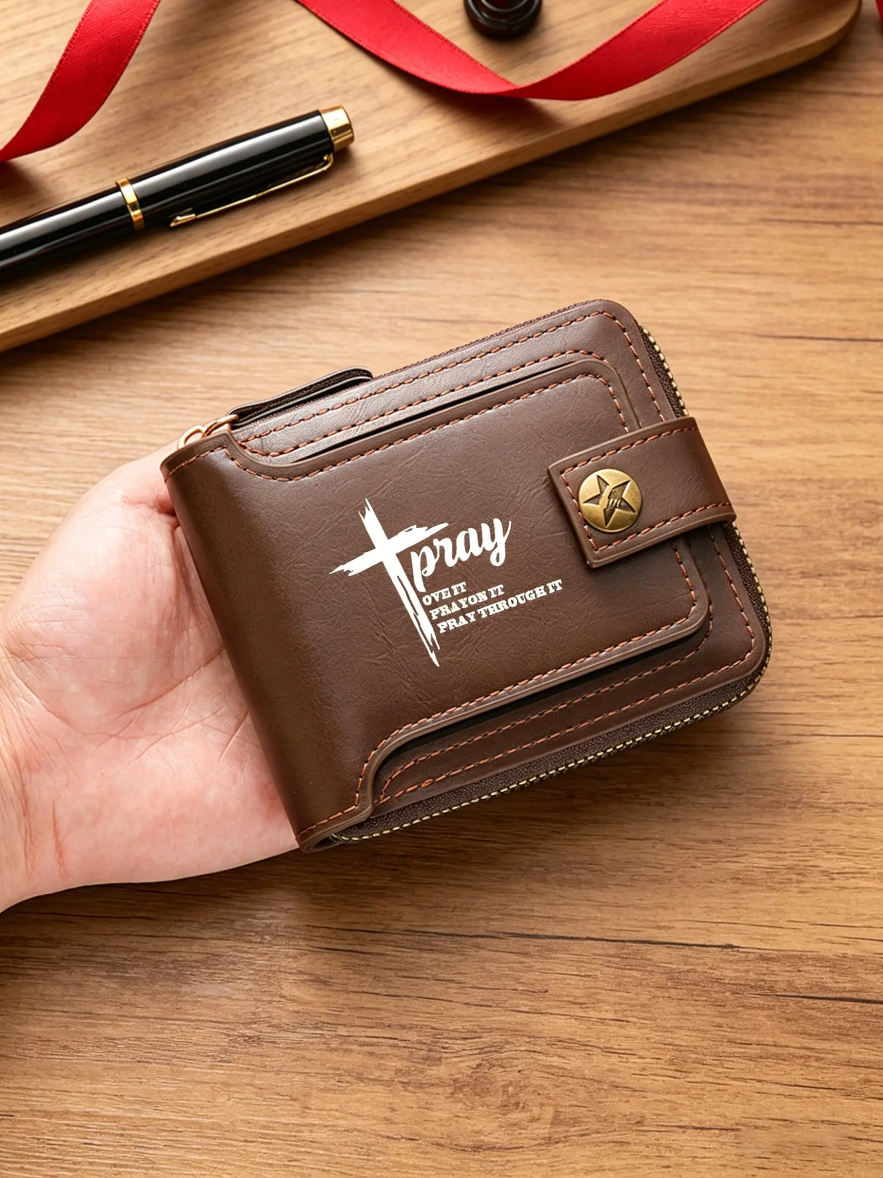 Men's Cross Prayer Print Vintage Style Casual Wallet, Zipper Closure Short Wallet, Multi-Card Slot, Wallet Cards Storage, Large Capacity Coin Purse, Gift for Men, Leather Zipper Wallet, Vintage Wallets, Zipper Wallet Design