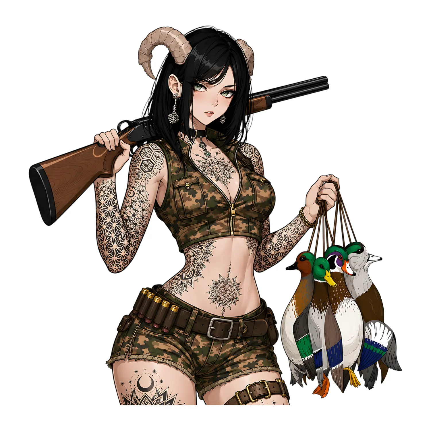 Horned Duck Huntress Sticker, Camo Shotgun Hunter Waterproof Vinyl Decal for Truck Laptop Tumbler