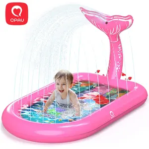 QPAU Inflatable Pink Mermaid Pool with Water Pump Holder: Splash Pads for Toddlers 1-3, Kids Toy Splash Pad, Outdoor Baby Play Mat, Birthday Girl Gifts for 1 Year Old Girl