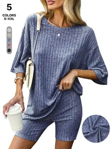 Pajamas 2 Piece Lounge Sets, Loungewear, Ribbed Knit Matching, T-Shirt & Biker Shorts, Sporty Loose-Fitting Sleepwear, All Seasons