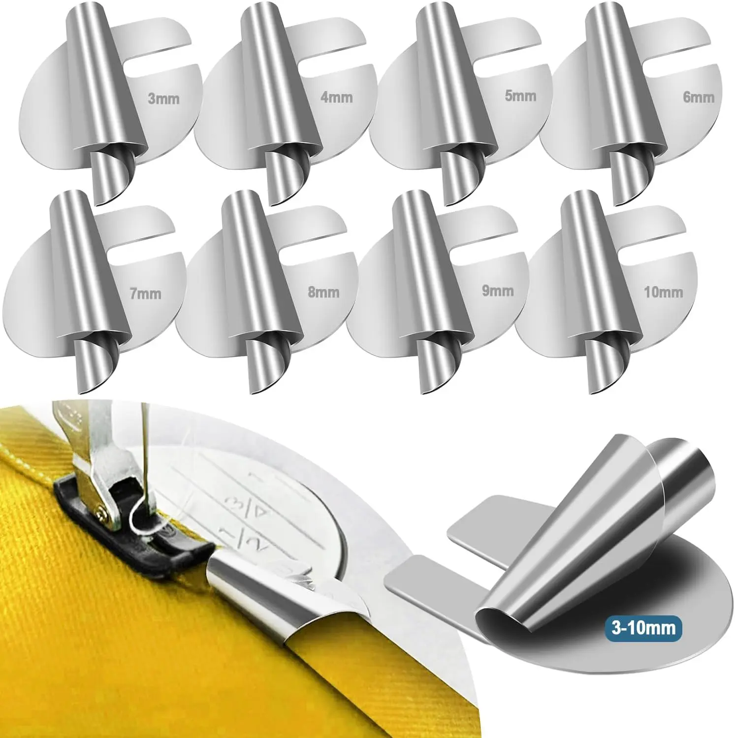 Pack of 8 Sewing Rolled Hemmer Foot, 3/4/5/6/7/8/9/10mm Rolled Hem Presser Foot, Wide Hemming Machine Rolled Hem Pressure Foot Hand Industrial Sewing Machine Sewing Accessories