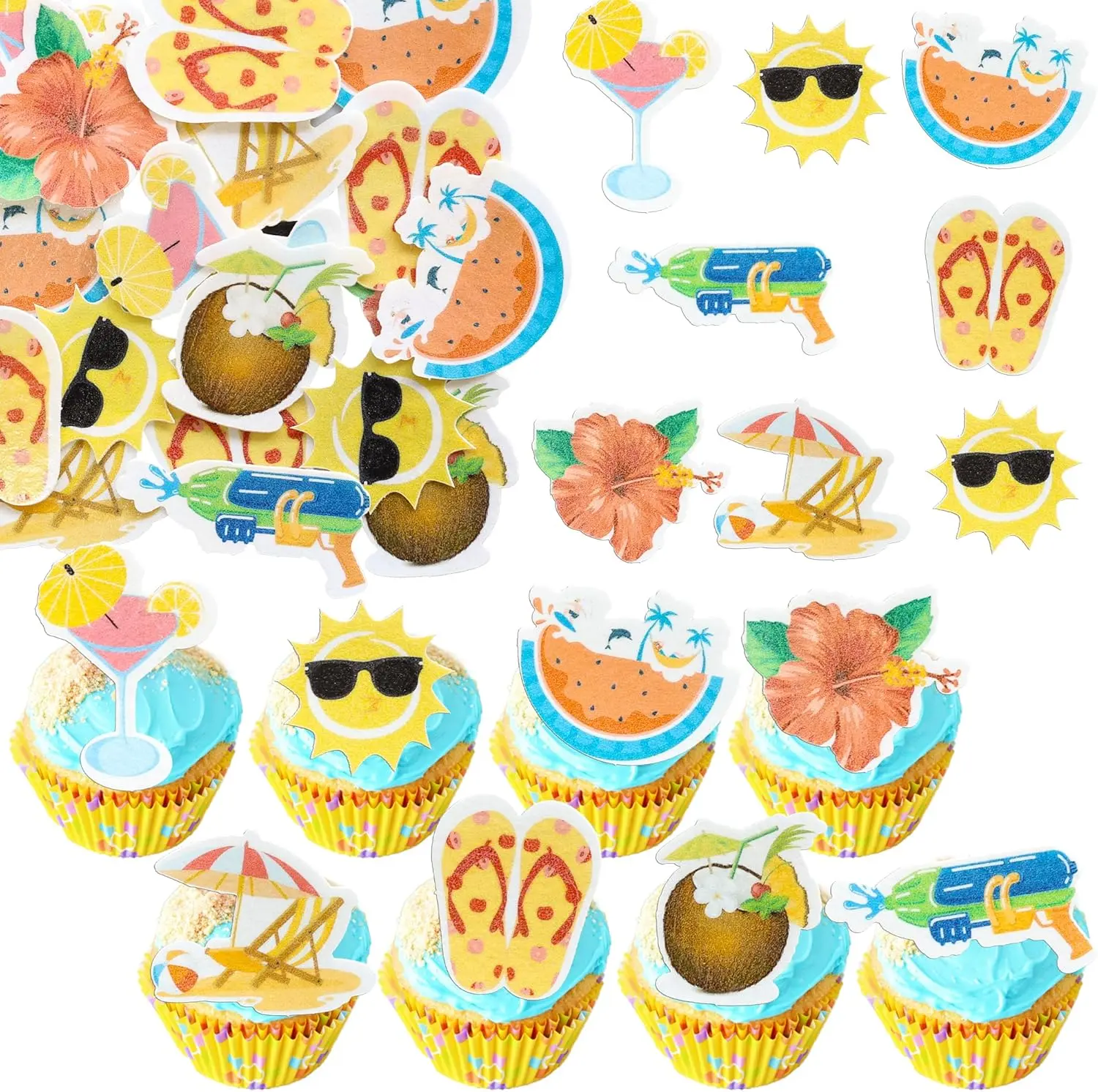 54Pcs Edible Summer Beach Pool Cupcake Toppers Sun Flower Watermelon Water Gun Coconut Slippers Cupcake Picks Hawaii Theme Birthday Party Cake Decorations Supplies Red Yellow