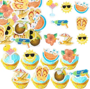 54Pcs Edible Summer Beach Pool Cupcake Toppers Sun Flower Watermelon Water Gun Coconut Slippers Cupcake Picks Hawaii Theme Birthday Party Cake Decorations Supplies Red Yellow