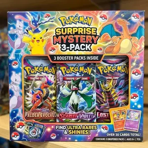 Pokémon Surprise Mystery 3-Pack, Exclusive Pokémon Trading Card Game Bundle for True Fans – Unlock Cracking Open Packs and Discovering Hidden Treasures Excitement