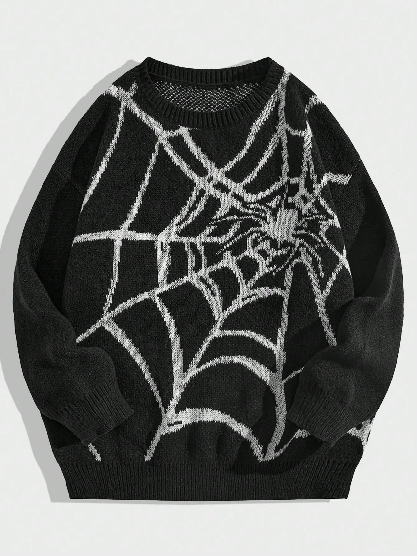 LALUZ Oversized Goth Graphic Spider Web Pattern Pullover Sweater Grunge Style Long Sleeve Top Aesthetic Y2K Streetwear Edgy Dark Fashion