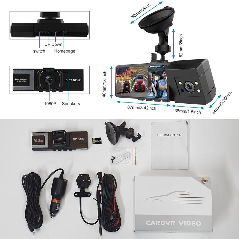 WHATOOK Wifi-1080P 3 Channel Dash Cam with 32GB Card, HDR, G-Sensor and 24Hr Parking Dash Cam for Cars