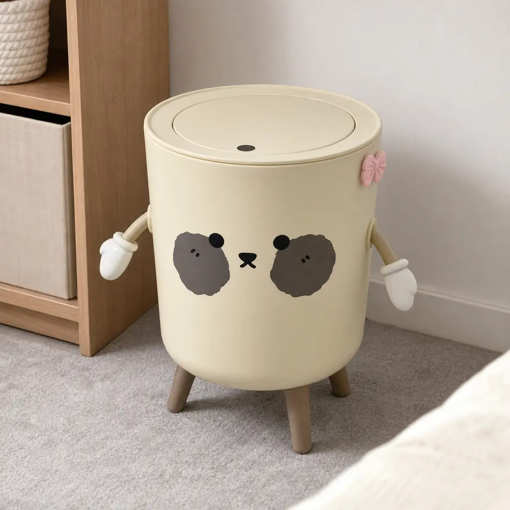 Pink Decorative Plastic Trash Can with Lid - Cream Round Elevated Tripod, Movable Arms, Bow Accent, Bag Fixing Ring, Odor Reducing for Girls' Bedroom Vanity