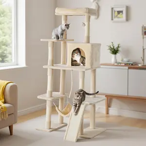63 Inch Cat Climbing Tower, Multi-Level Cat Tree with Condo, Hammock, Extended Platform & Natural Sisal Scratching Posts, Indoor Play House for Cats and Kittens