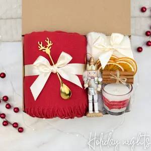 Holiday Nights Gift Box – Blanket, Cozy Socks, Candle, Nutcracker, Dried Oranges & Gold Spoon | Christmas Gift Basket, Winter Care Package, Corporate Employee Appreciation, Teacher Thank You, Birthday Present for Women, Men, Friends, Staff, Clients