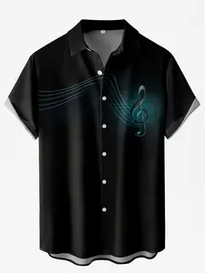 Men's Note Print Button Shirt, Short Sleeve Summer Collared Top, Casual Beachwear, Boyfriend Gift, Daily Wear, Street Style, Hand Washable
