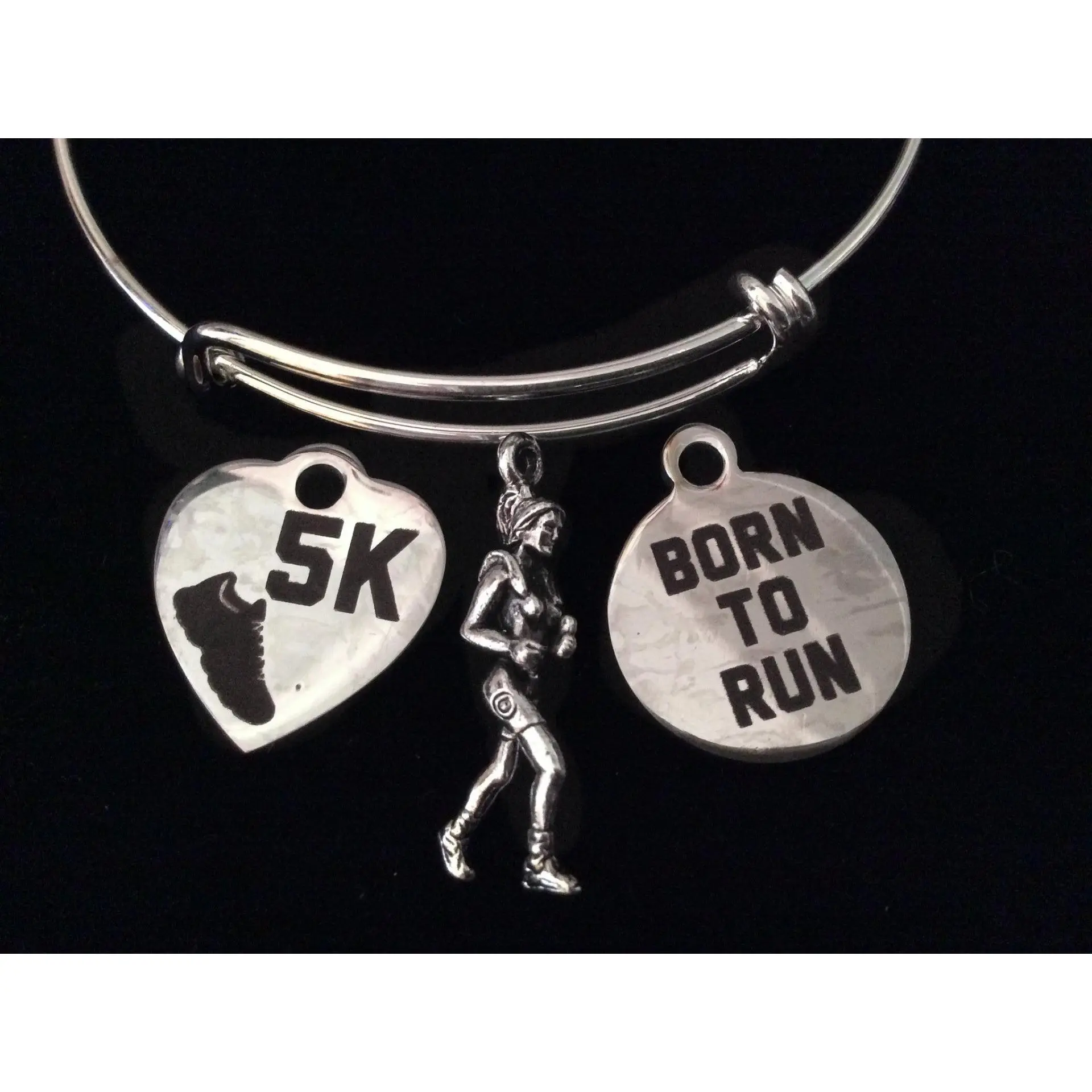 Born to Run 5K Silver Expandable Charm Bracelet Adjustable Wire Bangle Trendy Runner Gift