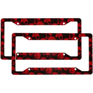 2 Pcs Car License Plate Frames for Women Men - 4 Holes Solid Aluminum Red Skulls License Plate Cover for Car Accessories for Women Men with Fasteners and Screws ﻿