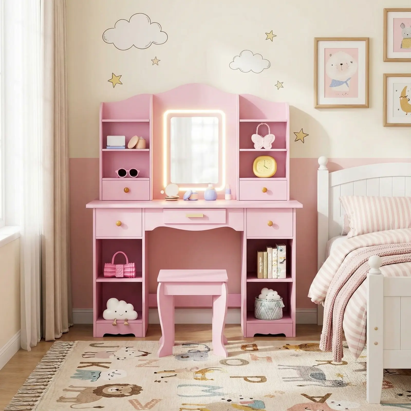 Arlopu Kids Vanity with 3-Color Lights, Kids Vanity Set with Chair, 2 in 1 Princess Wooden Pretend Play Makeup Desk, Makeup Dressing up Salon Play Set, Pink/White/Grey homeessentials