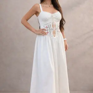 I Trust The Wisdom Within Me - White Maxi Dress with Embroidered Details and Adjustable Straps