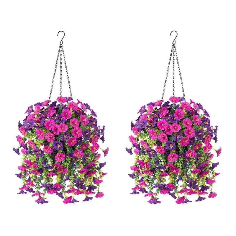 2set PVC Hanging Morning Glory Floral Baskets, UV-Resistant Outdoor Garden Decor, Ideal for Porch, Balcony, and Yard Decoration, Hanging Plant Basket