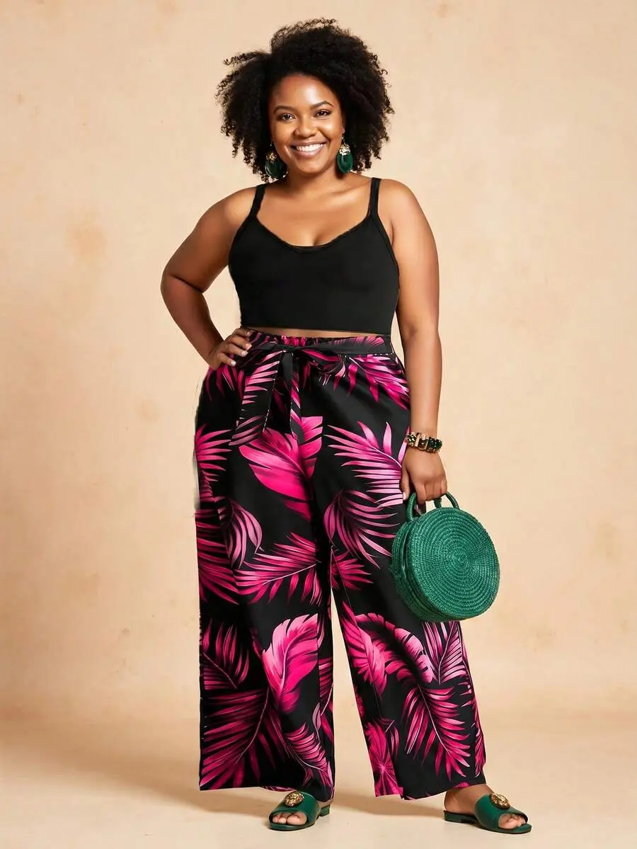 IVVVORYBeige,Summer,Holiday,Vacation,Holiday Plus Size 2 Pieces Set Slim Fit Cami Top And Loose Wide Leg Floral Pants,Boho Beach Cruise Travel Casual Outfit