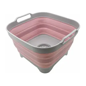 10L (2.64 Gallon) Collapsible Dishpan with Draining Plug - Foldable Washing Basin - Portable Dish Washing Tub - Space Saving Kitchen Storage Tray (Grey/Pale Pink). Great for camping.