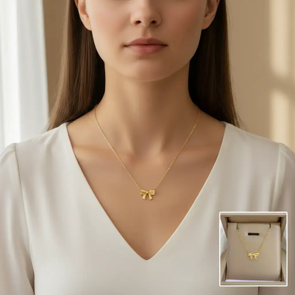 "Elegant 18K Gold Plated Ribbon Bow Pendant Necklace- Minimalist coquette Aesthetic Jewelry"