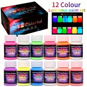 12 color water-based luminous pigment set | 0.68oz luminous pigment, suitable for canvas art, holiday decoration (Christmas/Halloween) -12 bright colors, quick drying, washable, suitable for craft projects and nighttime painting