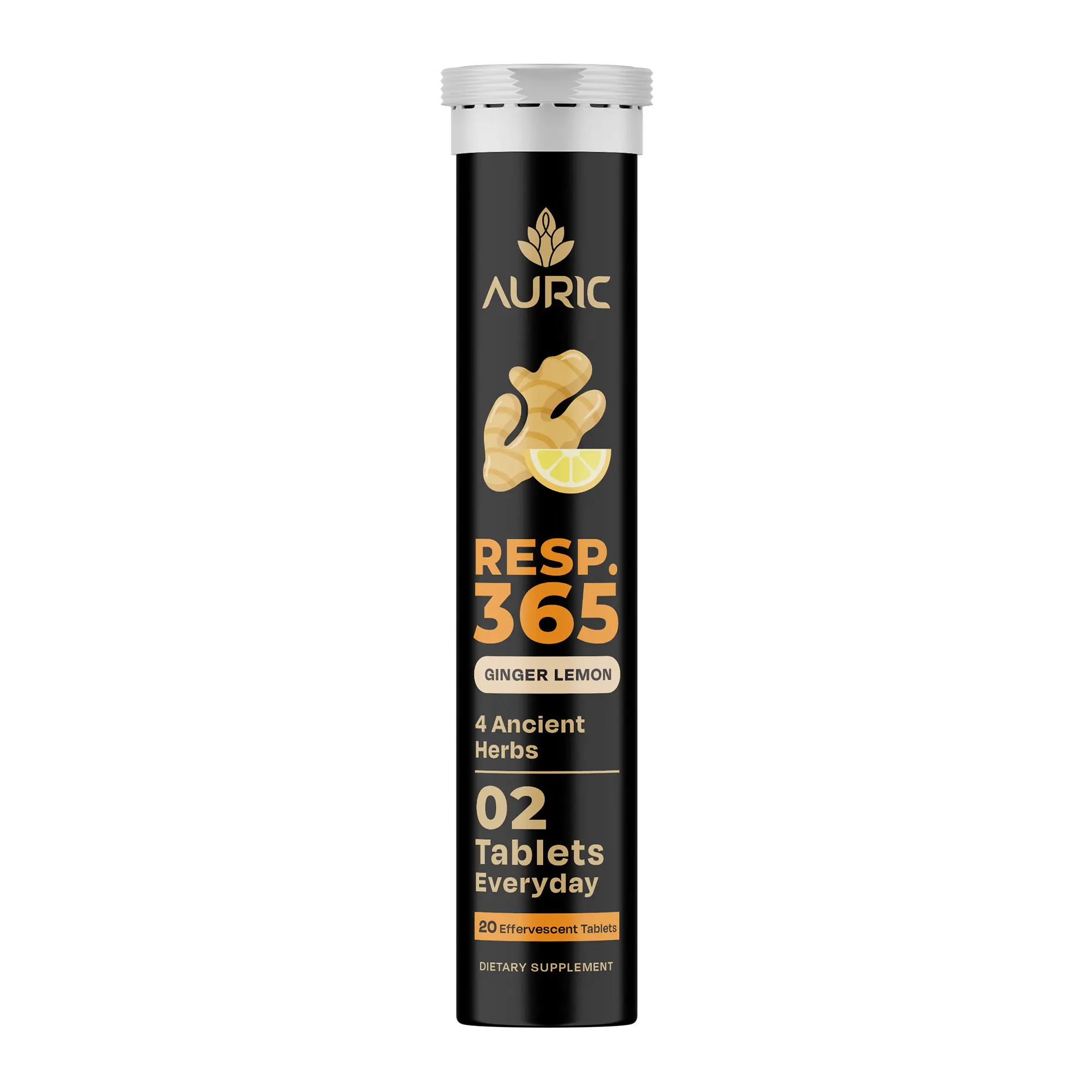 Auric Resp 365 Effervescent Tablets | with NAC, Mullein, Licorice & Long Pepper | Herbal Wellness Support Formula | Plant-Based | Ginger-Lemon Flavour