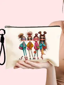 Travel Makeup Bag Set, Fashion Cartoon Theme, Durable Canvas Material, Detachable Wrist Strap, Multifunctional Cosmetic Pouch
