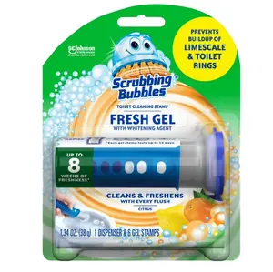 Scrubbing Bubbles Fresh Gel Toilet Cleaning Stamp, Citrus, Dispenser with 6 Gel Stamps, 1.34 oz