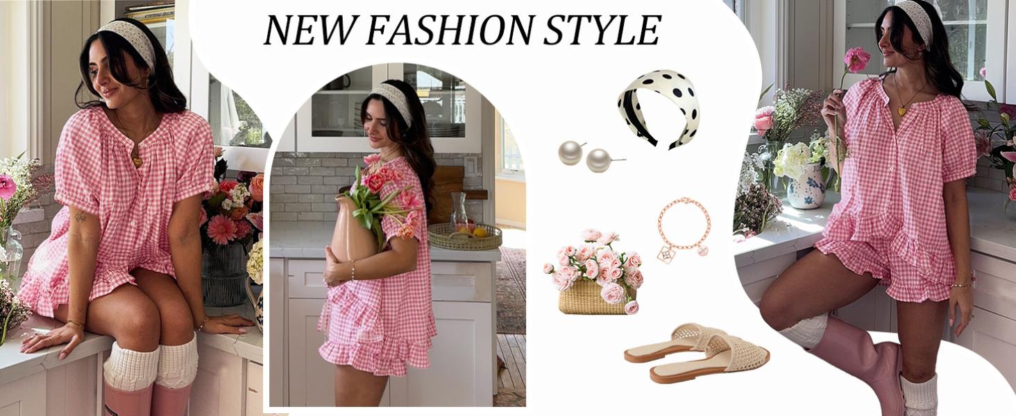 YeeZaa Women's Gingham Pajamas Set 2 Piece Shorts Sets Pj Sets Pjs 100% Cotton Puff Sleeve Ruffle Babydoll Shirt & Plaid Shorts Maternity Pregnancy Button Down Checkered Sleepwear Lounge Outfits 2026 Summer Sets #Summervibes