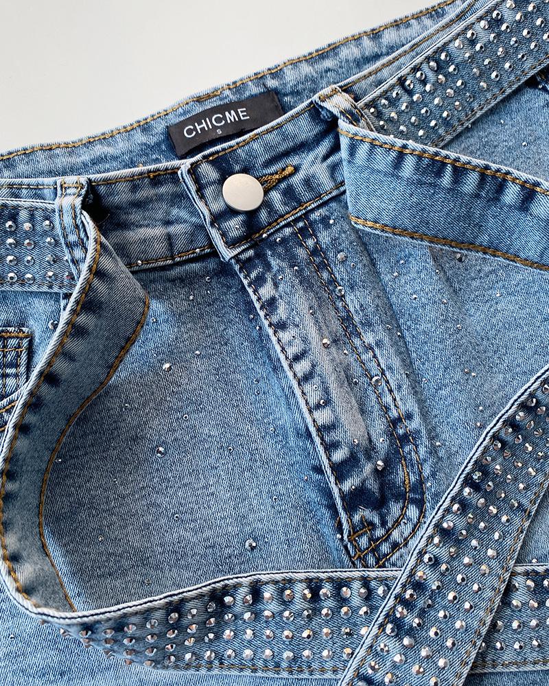 ChicMe Women's Allover Rhinestone Decor High Waist Zipper Fly Jeans Casual Wide Leg Loose Fit Denim Pants with Rhinestone Decor Belt Blue Bottom ChicMe Women's Allover Rhinestone Decor High Waist Zipper Fly Jeans Casual Wide Leg Loose Fit Denim Pants with Rhinestone Decor Belt Blue Bottom