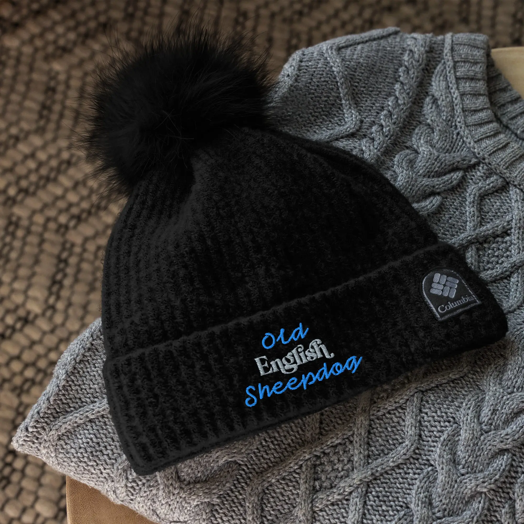 Old English Sheepdog Hat, Old English Sheepdog Beanie, Blue and Gray Embroidered Beanie