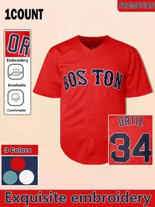 Men's Letter Patched Button Front Baseball Jersey, Loose Casual Short Sleeve V Neck Baseball Top for Boston, Sportswear for Men