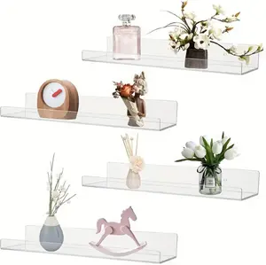 Clear Acrylic Floating Shelf – Multi-Purpose Wall Storage Rack for Perfume, Cosmetics, Skincare, Kitchen, Bathroom, Bedroom, 4-Tier Display Organizer
