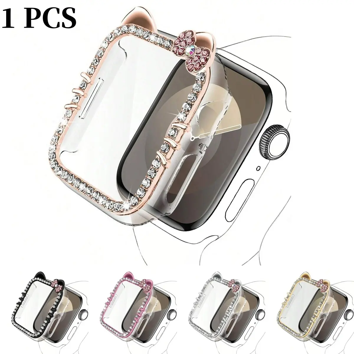 1pc Cartoon Pattern Rhinestone Decor Watch Case Cat Ears Anti-fall 2 In 1 Tempered Glass Screen Protector Cover, For Apple Watch 40/41/42/44/45/46Mm Series SE/11/10/9/8/7/6/5/4 Case, Smartwatch Accessories
