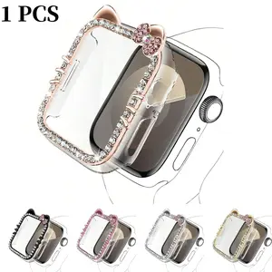 1pc Cartoon Pattern Shiny Rhinestone Decor Watch Case Cute Cat Ears Anti-fall 2 In 1 Ultra-Thin Tempered Glass Screen Protector Cover, For Apple Watch Case 40/41/42/44/45/46Mm, For Apple Watch Series SE/11/10/9/8/7/6/5/4, Smart watch accessories