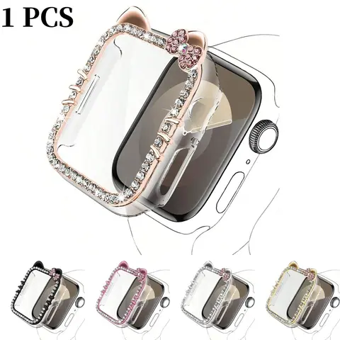 1pc Cartoon Pattern Rhinestone Decor Watch Case Cat Ears Anti-fall 2 In 1 Tempered Glass Screen Protector Cover, For Apple Watch 40/41/42/44/45/46Mm Series SE/11/10/9/8/7/6/5/4 Case, Smartwatch Accessories