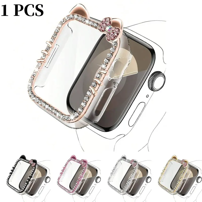1pc Cartoon Pattern Rhinestone Decor Watch Case Cat Ears Anti-fall 2 In 1 Tempered Glass Screen Protector Cover, For Apple Watch 40/41/42/44/45/46Mm Series SE/11/10/9/8/7/6/5/4 Case, Smartwatch Accessories