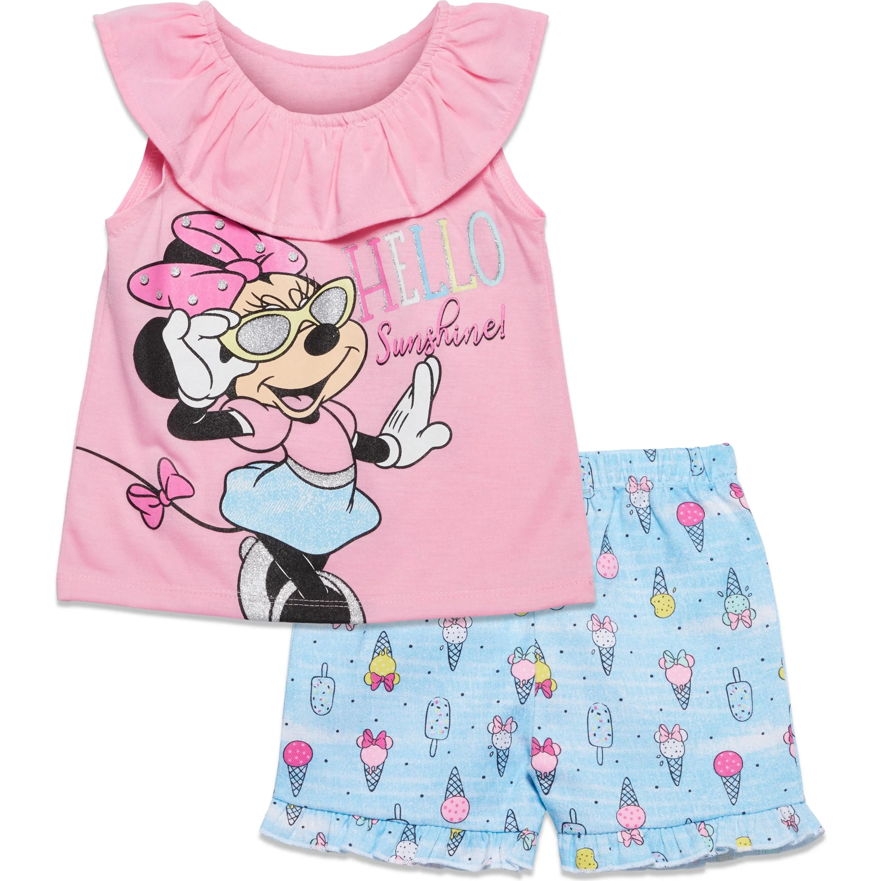Disney Minnie Mouse Girls' 2-Piece July 4th Kids Clothing Girls Set - Open Back T-Shirt, Chambray Elastic Waist Pull-On Fit Shorts, Toddler to Big Kid