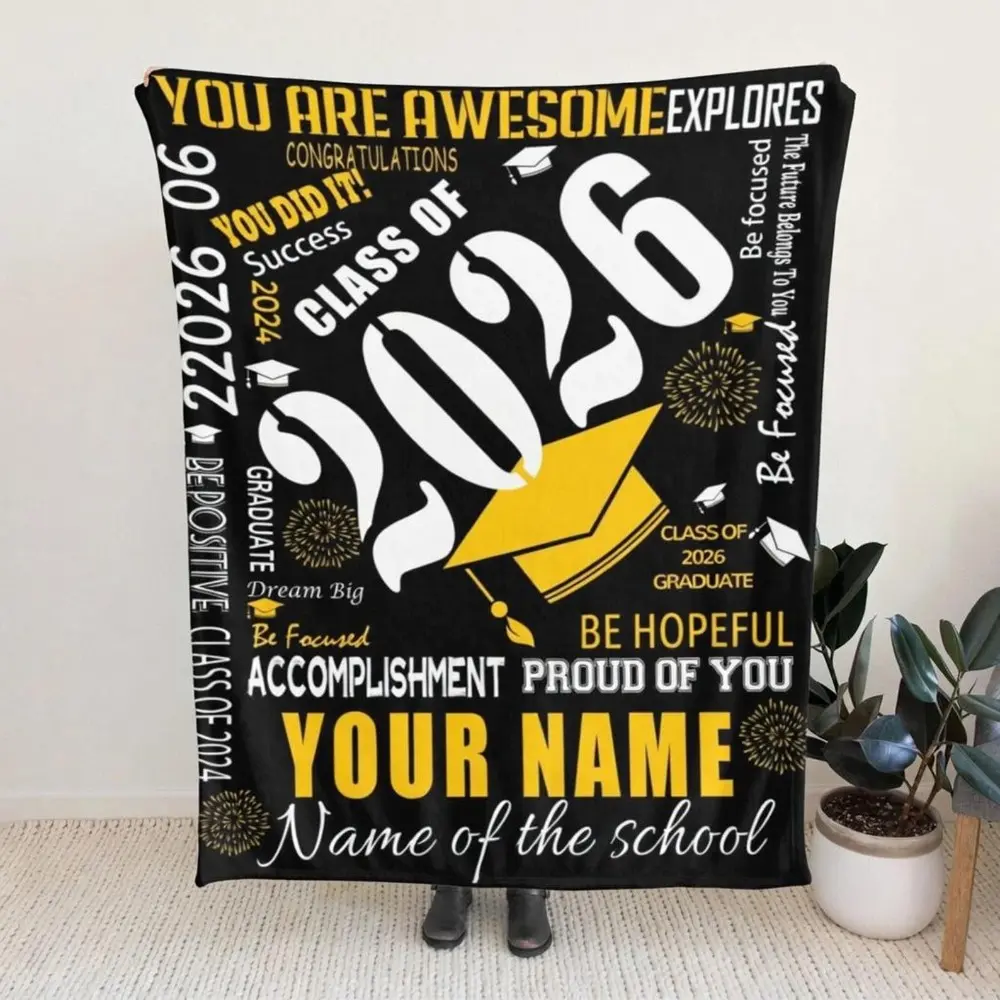 2026 Graduation-Themed Custom Print Blanket - Personalized Name & School Keepsake Gift Throw, Ideal for Graduation Decor, Perfect for 2026 Graduates, Personalized Blankets, Custom Print Blankets