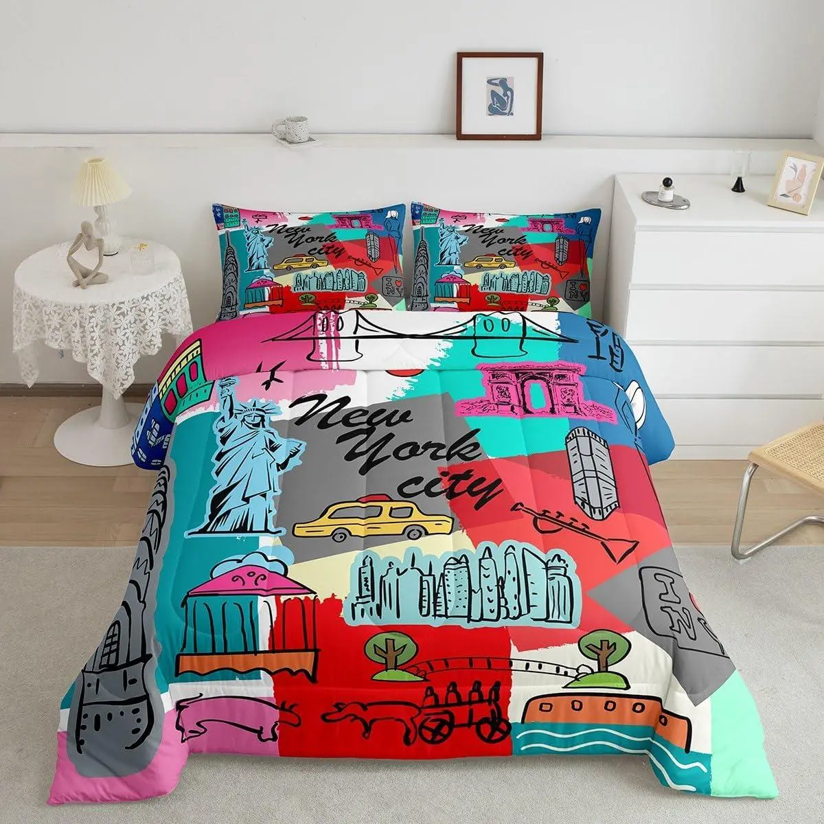 Statue of Liberty Comforter Set New York Cityscape Bedding Set Famous City Scene Comforter Historical Scenery Duvet Set