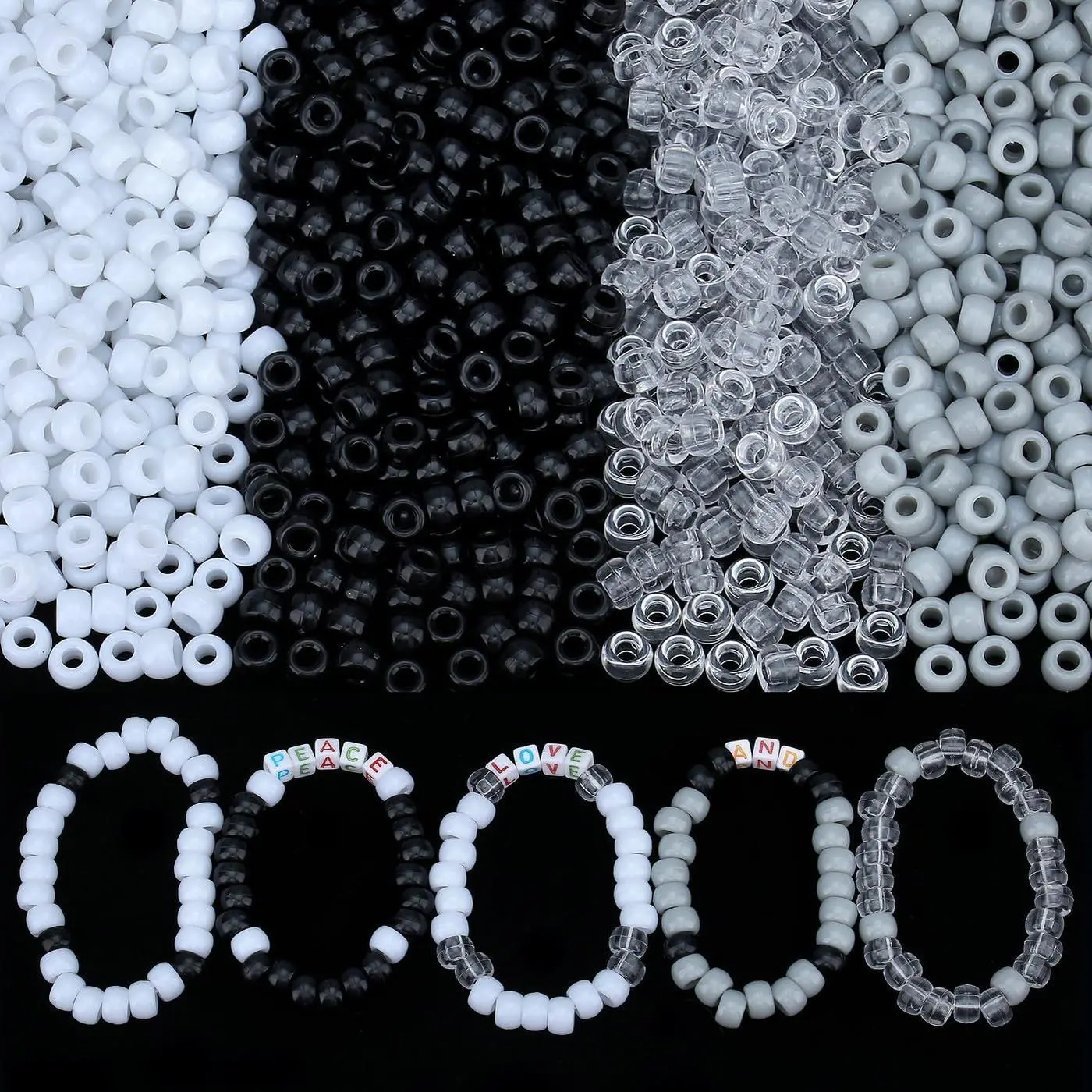 1000 count Black and White Pony Beads Bulk for Bracelets Making 6x9mm White and Black Pony Kandi Bead for Crafts Making Hair Beads for Braids