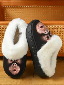 Animal Monkey Print Party Slippers Fashion Fluzzy Flurry 2025 2026 Indoor Cotton Shoes Fall Winter New, Textile Material, Eva Sole, Casual Style