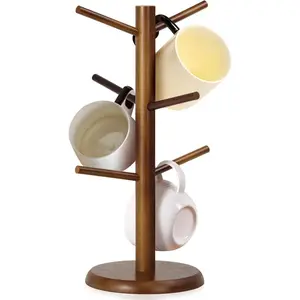 Mug Holder Tree, Coffee Cup Tree for Counter with 6 Hooks, Mug Holder for Counter Top, Coffee Bar Accessories and Decor, Jewelry Pendant (Brown)