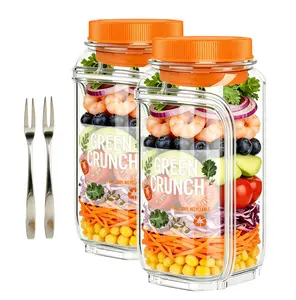 2026 New Fork Included Portable Salad Storage Jar Container with Leakproof Dressing Compartment,Environmentally Friendly Plastic Materials,Microwave/ Dishwasher/Freezer Safe,Suitable for Home, Outdoor, Party, Work,FitnessPortable,Keeps Food Fresh,Kitchen