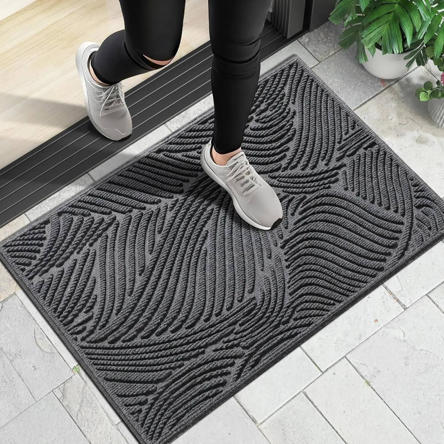 Dark Grey Front Door Mat - 29.5x17in Non-Slip Natural Rubber Low Pile Decorative Rug, Absorbent, Stain-Resistant, Fade-Resistant, Heavy-Duty, Easy-Clean Dirt Trapping Drying Doorway Rug Protector for Outdoor Entrance, Non Slip Rugs, Dirt Trapping Doormats