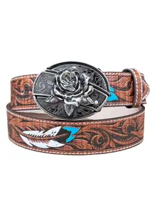Unisex Boho Ethnic Western Cowboy Cowgirl Belt, Adjustable Waist Decor, Fashion Buckle, Perfect Casual Match, All Seasons, Plants Style