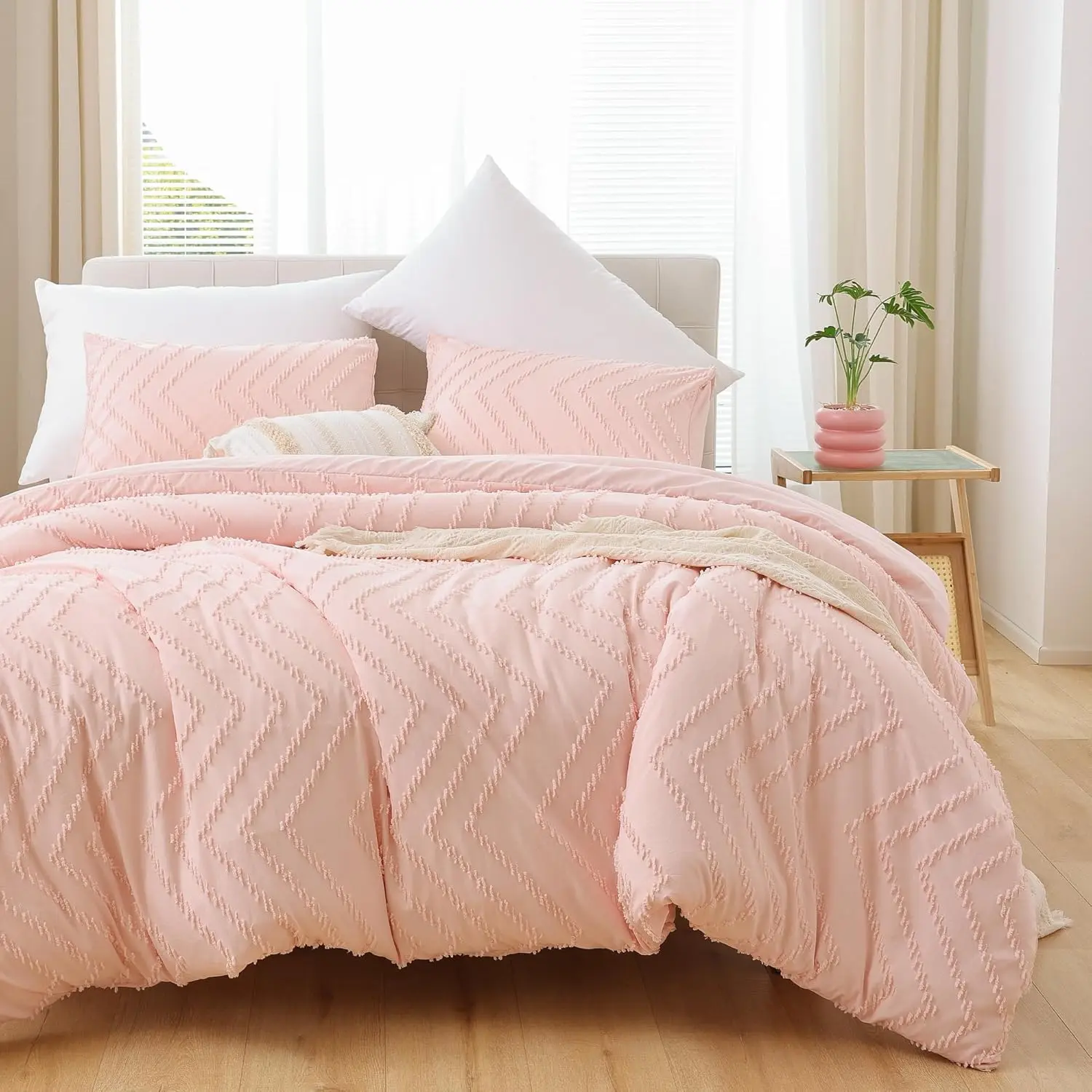 Pink Full Comforter Set 3 count, Boho Blush Full Size Bedding Set, Vertical Tufted Bed Set, Lightweight Neutral Bedroom Set (1 Comforter 2 Pillowcase)