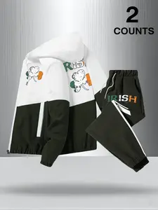 Men's 2 Piece Tracksuit Set, Hooded Jacket & Drawstring Pants with Irish Shamrock & IRISH Graphic Print, Casual Sporty Outfit for Irish Style Enthusiasts & Urban Fashion Lovers, Athleisure Wear Set, Athletic Activewear Tracksuits