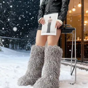 Female Knee-High Furry Snow Boots Outdoor High-Cut Ski Boots with Warm Long Faux Shearling Winter Trendy Fluffy Shoes for Snowy Days