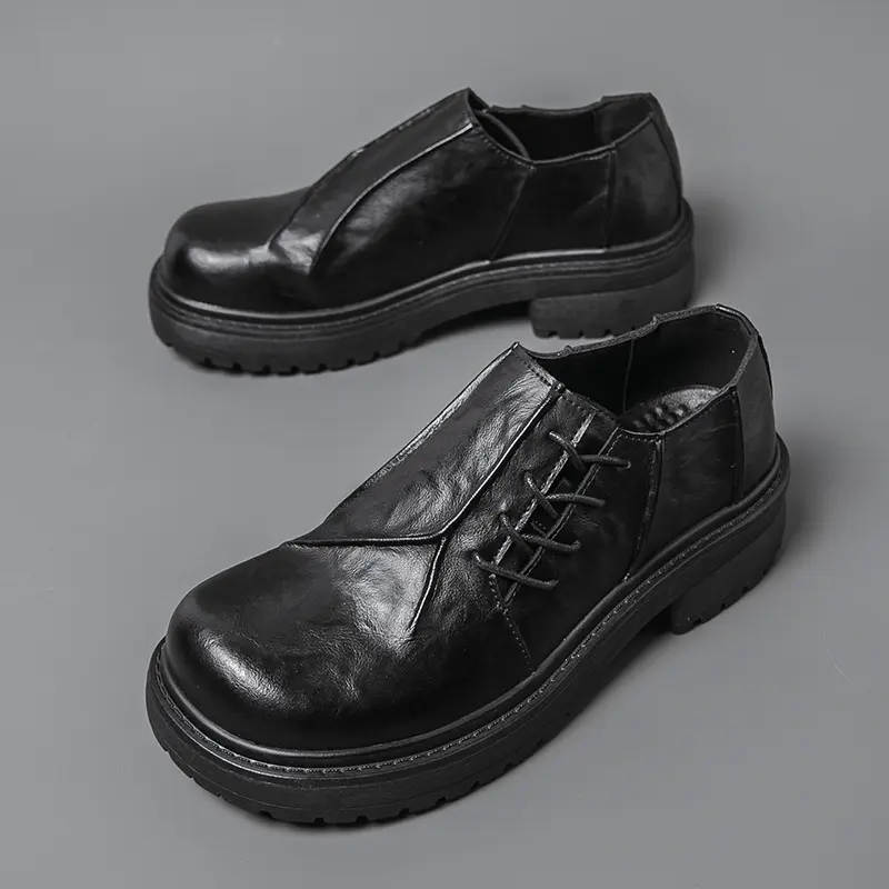 Men's Patent Leather Platform Oxfords - Round Toe, Plain, Lace-Up, Lightweight Retro Punk Street Style Shoes for All Season Business Casual Wear