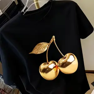 Elegant Gold Cherry Print Short Sleeve Women T shirt Fashionable Casual Comfortable Soft Fabric Breathable Spring Summer Essential Leopard Design